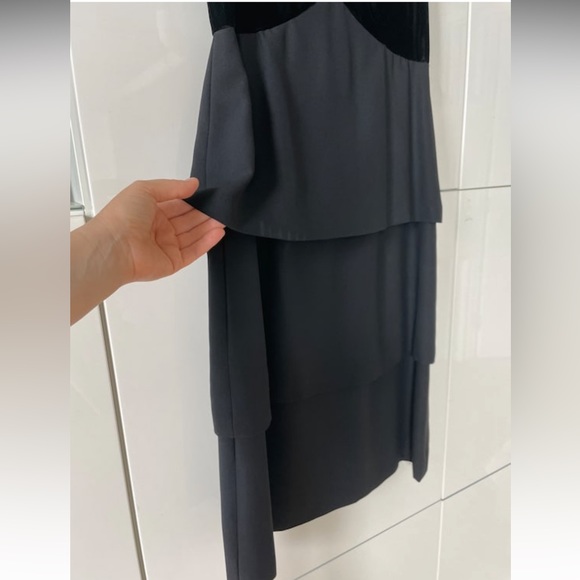 1960s Vintage Mid Century Little Black Dress with Black Velvet and Tiered Hem - Picture 4 of 9